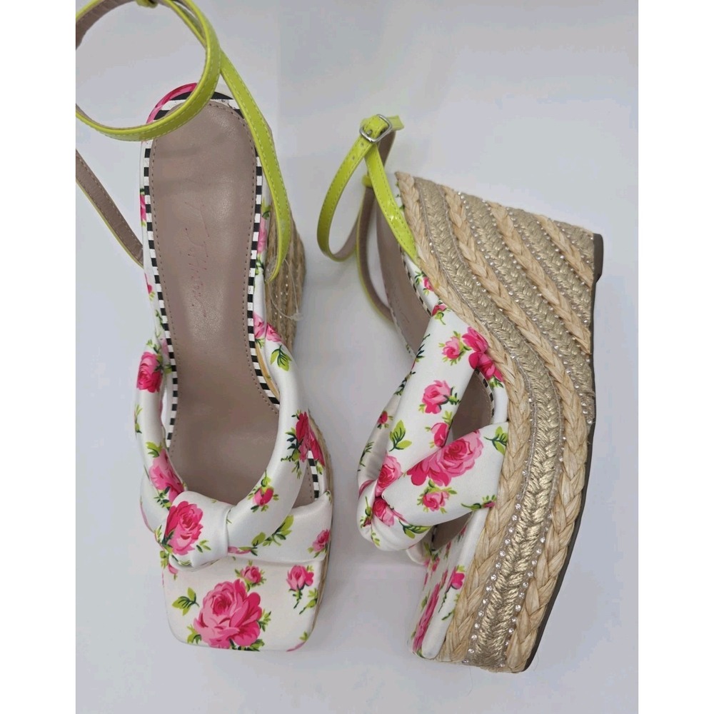 Betsey Johnson Floral Rose Satin Bow Espadrille Wedge Sandals Size 11